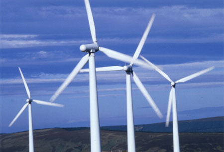 Wind turbines in Douglas, central Scotland, help produce clean energy