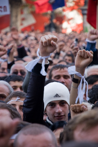 Protesters wearing white bands during a rally in Tbilisi, Georgia