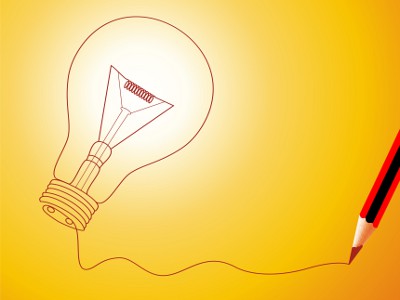 A photo of a lightbulb and pencil