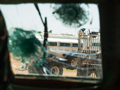 A damaged armored personnel carrier of the UNAMID A damaged armored personnel carrier of the UNAMID