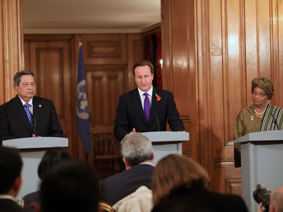 Indonesian President Yudhoyono, British Prime Minister David Cameron and Liberian President Johnson Sirleaf, co-chairs of the U.N. Secretary General's High-Level Panel on the Post-2015 Development Agenda. Photo by: DfID / CC BY